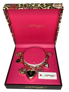 Ed Hardy Gold-Tone Heart Charm Bracelet Watch New